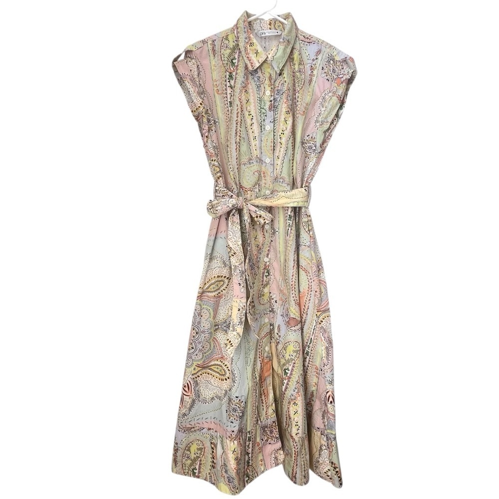 Zara Paisley Printed Midi Belted Shirt Dress Size XL